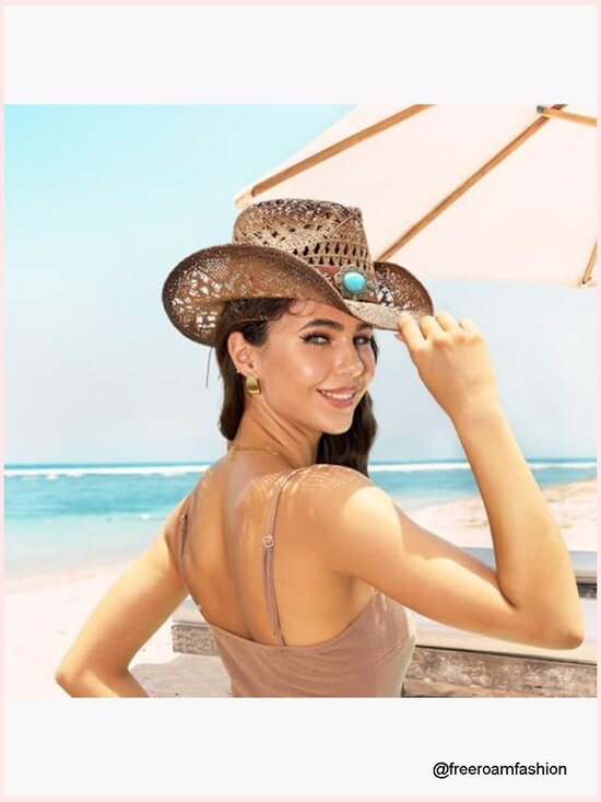 Straw Cowboy Hat Wide Brim Shapeable Western Cowgirl Beach Sun Hat main image 5